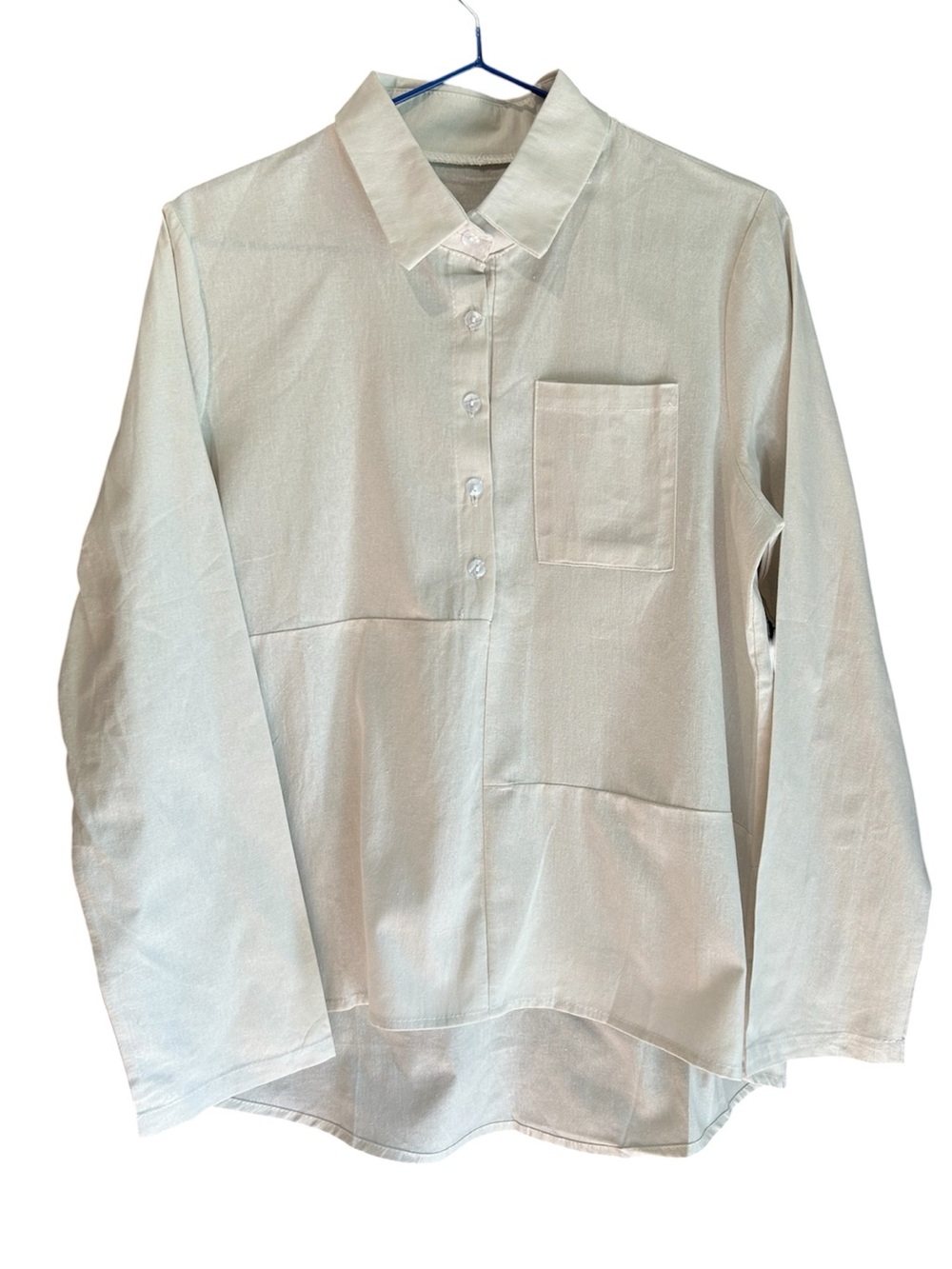 Relaxed White Linen Long-Sleeve Tunic Shirt with Chest Pocket